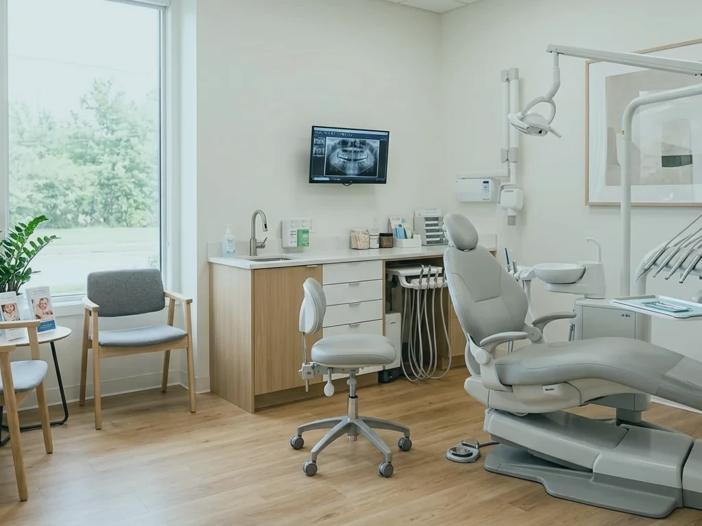 Consultorio odontológico con sillón y equipamiento